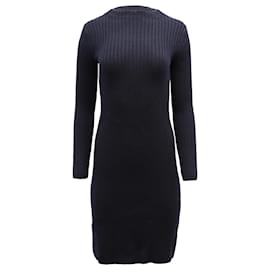 Vince-Vince Ribbed-Knit Long Sleeve Dress in Navy Blue Wool-Navy blue