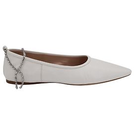 Miu Miu Crystal Ankle Strap Pointed Toe Flats in White Leather White