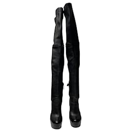 Prada-Prada Overknee-Stiefel mit hohem Absatz aus schwarzem Leder-Schwarz