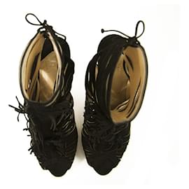 Christian Louboutin-Christian Louboutin Black Suede Fringe Deva 120 Peep Bootie Sandals Size 40.5-Black