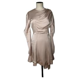 Christian Dior-Dior draped champagne pink satin midi dress with a puffed sleeves-Pink