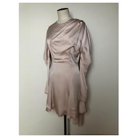 Christian Dior-Dior draped champagne pink satin midi dress with a puffed sleeves-Pink