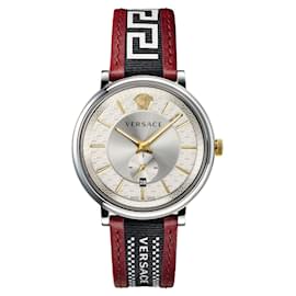 Versace-V-Circle Greca Edition Leather Watch-Silvery,Metallic