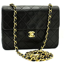 Chanel-CHANEL Bolso bandolera cuadrado pequeño con cadena Crossbody Edredón negro-Negro