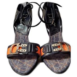 Dior Leather Mules Black Orange Silvery Black Silvery Orange