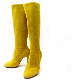 NEUF CHAUSSURES CHRISTIAN LOUBOUTIN 38 BOTTES A TALONS DAIM JAUNE BOOTS Jaune
