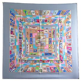 Hermès HERMES CORRISPONDENZA CATHY LATHAM CARRE SCIARPA 90 SETA SCIARPA IN SETA BLU Blu