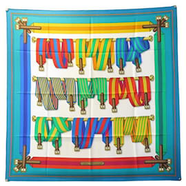 Hermès-NEW HERMES SCARF LES SANGLES BY JOACHIM METZ CARE 90 SILK SCARF-Blue