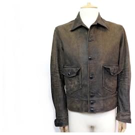 Ralph Lauren-COAT RALPH LAUREN lined RL M 48 BROWN DISTRESSED EFFECT LEATHER JACKET COAT-Brown