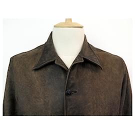 Ralph Lauren-COAT RALPH LAUREN lined RL M 48 BROWN DISTRESSED EFFECT LEATHER JACKET COAT-Brown