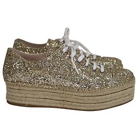Miu Miu Glitter Espadrilles Platform Sneakers in Gold Leather Metallic
