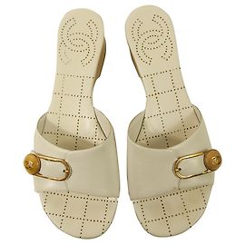 Chanel weiß Leder Blockabsatz Pantoletten Sandalen Schuhe Rutschen Größe 37 Weiß