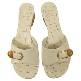 Chanel-Chanel talons bloc en cuir blanc diapositives mules sandales chaussures diapositives taille 37-Blanc