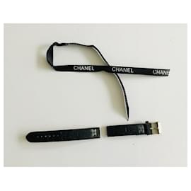 Chanel-Correa de reloj de cuero CC-Negro,Hardware de plata