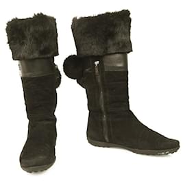 Tod's-TOD'S Gommino Black Suede Fur Pom Pom Flat Half Zipper Boots ( 38 ? )-Black