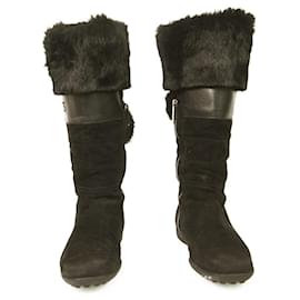 Tod's-TOD'S Gommino Black Suede Fur Pom Pom Flat Half Zipper Boots ( 38 ? )-Black