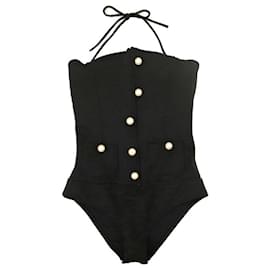Chanel-[Used] CHANEL Swimsuit One Piece Swimming Suit Rayon Polyester Black Swimming Wear Pearl Button-Black