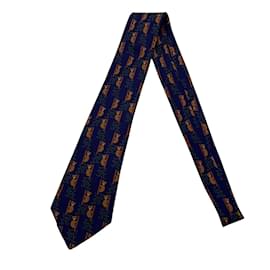 Hermès-Gravata Hermes Paris de seda azul marinho com estampa de ursos de escalada 7282 MA-Azul