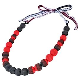 Prada-[Used] Prada PRADA Ball Necklace Crochet Red Black 100% Cotton-Black,Red