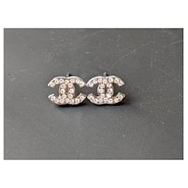Chanel-CC A14V Classic Timeless Logo Crystal SHW earrings-Silvery