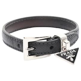 Prada-[Used] Prada PRADA Bracelet Saffiano Leather Black Silver Triangle Plate 1IB351-Black,Silvery