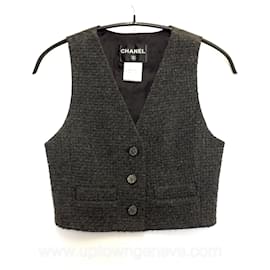 Chanel-Chanel vest in grey wool & black leather-Grey