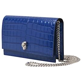 Alexander Mcqueen-Skull Mini Bag in Blue Crocodile Effect Leather-Blue