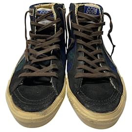 Golden Goose-Golden Goose Slide Tartan High Top Sneakers in Blue Suede-Other