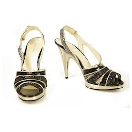 Miu Miu-Miu Miu Black Glitter Gold Tone Trim  Silver High Heel Strappy Sandals Shoes 40-Black