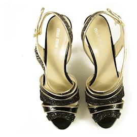 Miu Miu-Sapatos Miu Miu Preto Glitter Tom Dourado Acabamento Prata Sandálias de Salto Alto Tiras 40-Preto