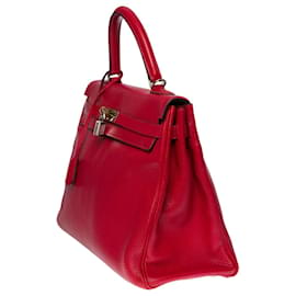 Hermès-Superb and luminous Hermes Kelly handbag 35 turned over leather shoulder strap Clémence Taurillon Rouge Casaque , palladium silver metal trim-Red
