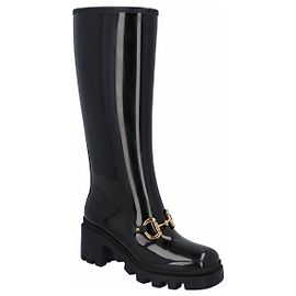 Gucci Women Knee-High Rubber Boot With Horsebit In Black Leather Black