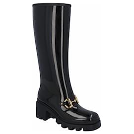 Gucci-Gucci Women Knee-High Rubber Boot With Horsebit In Black Leather-Black