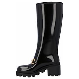 Gucci-Gucci Women Knee-High Rubber Boot With Horsebit In Black Leather-Black