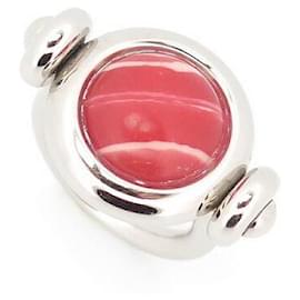 Hermès-HERMES RING SIZE 50 SILVER RING PALLADIUM STEEL & ROSE MARBLE LACQUER SILVER RING-Silvery