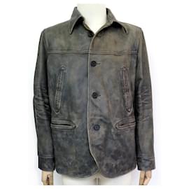 Ralph Lauren-COAT RALPH LAUREN lined RL M 48 GRAY DISTRESSED EFFECT LEATHER JACKET COAT-Grey