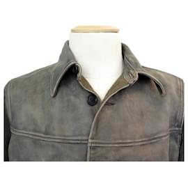 Ralph Lauren-COAT RALPH LAUREN lined RL M 48 GRAY DISTRESSED EFFECT LEATHER JACKET COAT-Grey