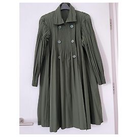 Pleats Please Khaki lined Breasted Pleated Coat Green