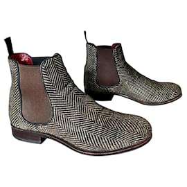 Autre Marque-elastic and Tweed Carmina boots - Unique pair made to special order-Red,Eggshell,Dark brown