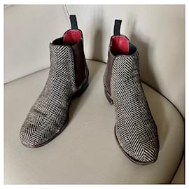 Autre Marque-elastic and Tweed Carmina boots - Unique pair made to special order-Red,Eggshell,Dark brown