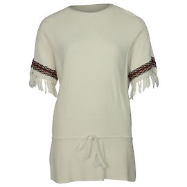 Tory Burch Tunika-Pullover mit Fransenbündchen aus cremefarbener Baumwolle Weiß