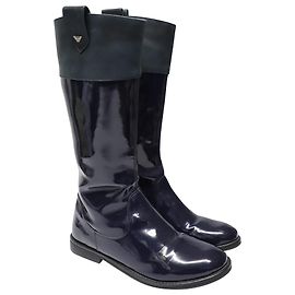 Armani Knee Boots in Navy Blue Leather Blue Navy blue