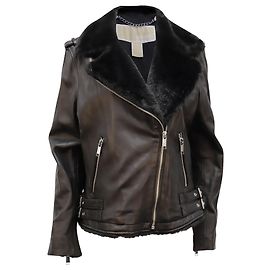 Giacca biker in pelle nera con collo in pelliccia sintetica Michael Kors Nero