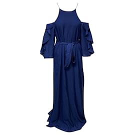 Halston Heritage-Halston Langes Kleid aus Seersucker mit Rüschen und Gürtel aus blauem Polyester-Blau