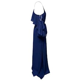 Halston Heritage-Halston Langes Kleid aus Seersucker mit Rüschen und Gürtel aus blauem Polyester-Blau