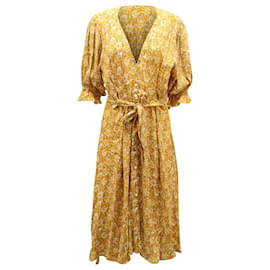 Faithfull the Brand-Faithfull The Brand Vestido midi com estampa floral e amarração na cintura em seda artificial amarela-Amarelo