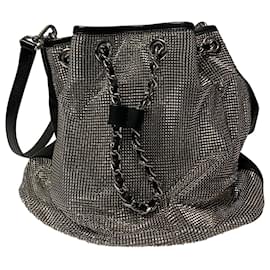Michael Kors-Michael Kors Frankie Mesh Bucket Bag in Silver and Black Leather-Silvery