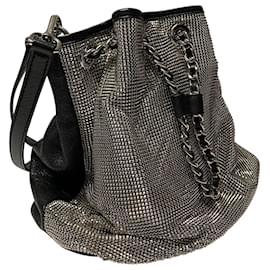 Michael Kors-Michael Kors Frankie Mesh Bucket Bag in Silver and Black Leather-Silvery