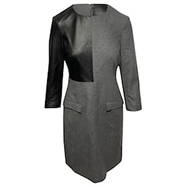 Alexander Mcqueen-Alexander McQueen Midi Dress with Leather Detail in Grey Wool-Grey