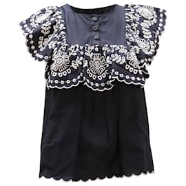 Sea New York-Sea New York Ruffled Broderie Anglaise Blouse in Navy Blue Cotton-Blue,Navy blue